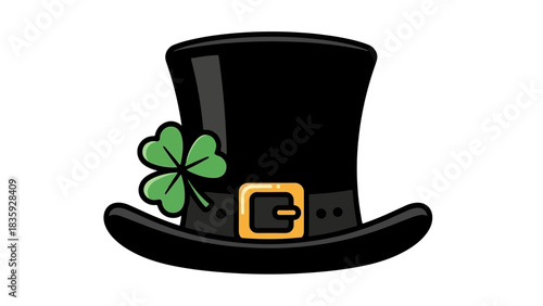 Black top hat with a gold buckle and a green shamrock on the side.