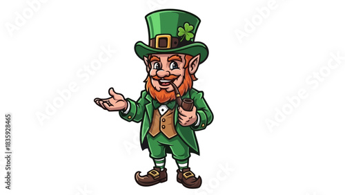 A cartoon leprechaun in a green suit and hat with a shamrock, holding a pipe.