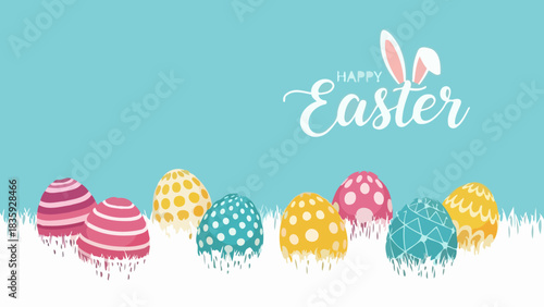 Vibrant banner for the Easter celebration featuring a row of decorated eggs with a dripping paint effect and cute bunny ears on a blue backdrop