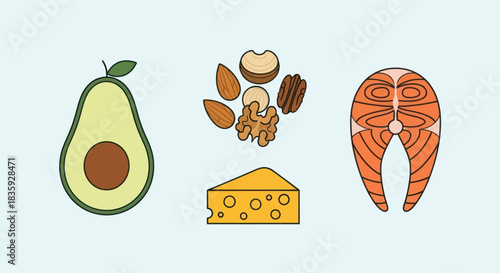 Hand-drawn illustration of healthy fat food sources like avocado nuts cheese and salmon steak.
