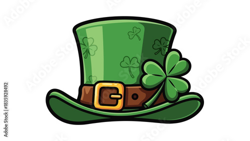 Illustration of a green leprechaun hat with shamrocks and a clover.