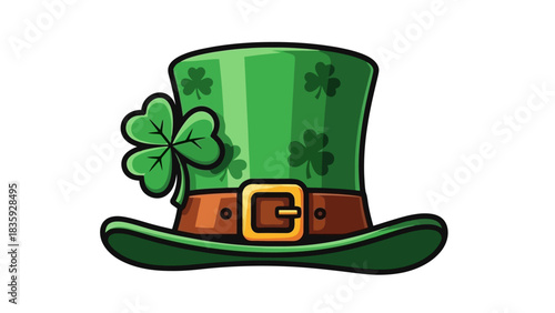 A cartoon illustration of a green leprechaun hat adorned with shamrocks and a buckle.