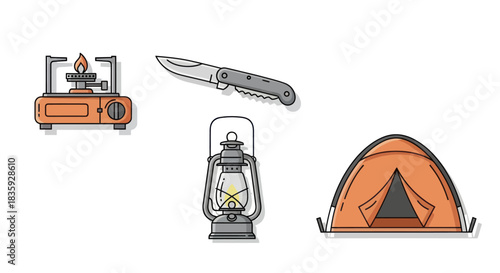 Camping Gear Set: Tent Knife Stove and Lantern.