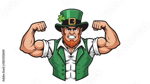A muscular leprechaun wearing a green hat and vest, flexing his biceps with a fierce expression.