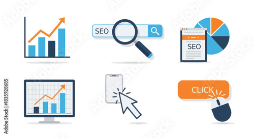 Modern Digital Marketing SEO and Analytics Flat Design Icon Set.