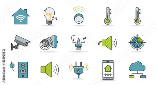 Collection of Colorful Smart Home Technology Icons and Symbols.