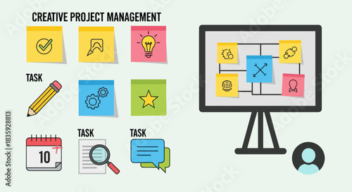 Creative project management infographic with task icons sticky notes and a strategic flowchart on a presentation board.