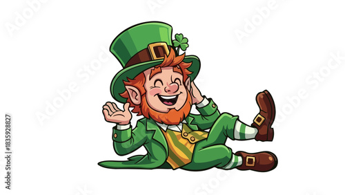 A cheerful leprechaun in a green hat and suit, lying down and laughing.