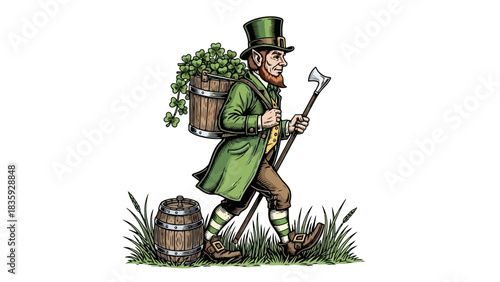 Leprechaun with shamrocks and axe walking with barrel.