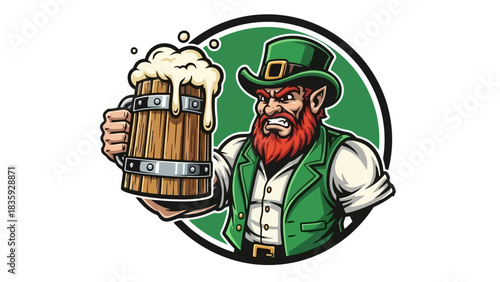An angry leprechaun with a red beard wearing a green hat and vest, holding a frothy mug of beer.