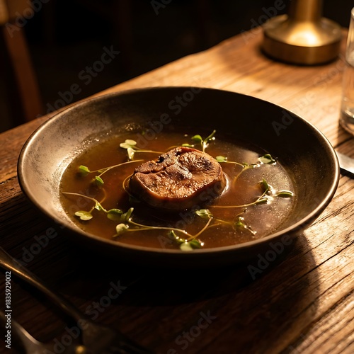 Tender seared meat medallion in aromatic broth with microgreens. Exquisite gourmet dish on a rustic wooden table, perfect for a sophisticated dining experience