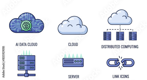 Digital Technology and Cloud Computing Icons Set with Servers.
