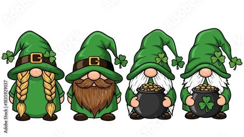 Four cute St. Patrick's Day gnomes in green hats and outfits, two holding pots of gold.