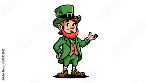 Cartoon leprechaun with red beard, green suit and hat with shamrock, gesturing with hand.