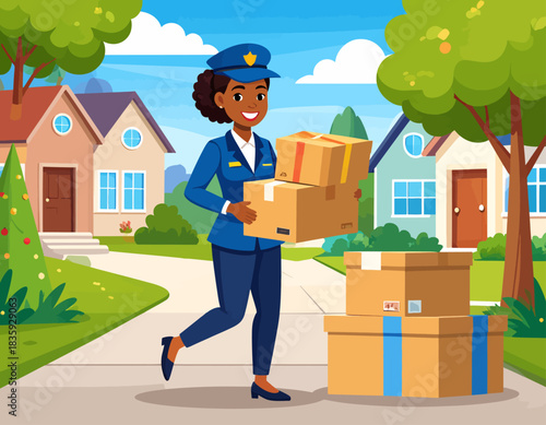 A smiling African American postal worker in uniform carries packages on a sunny suburban street with houses and trees.