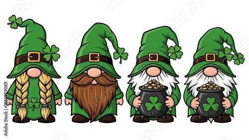 Four cute St. Patrick's Day gnomes wearing green hats and holding pots of gold.