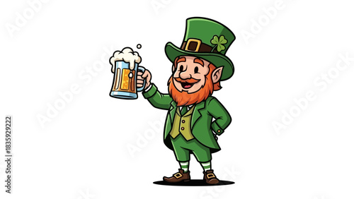 Cartoon illustration of a leprechaun holding a beer mug, celebrating St. Patrick's Day.
