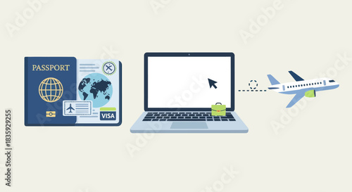 Online Travel Booking Concept with Passport Laptop and Airplane.