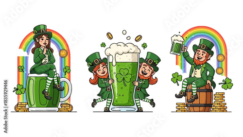 St. Patrick's Day illustrations with leprechauns, beer, rainbow and shamrocks.