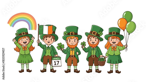 A vibrant illustration of five cartoon characters celebrating St. Patrick's Day with festive attire.