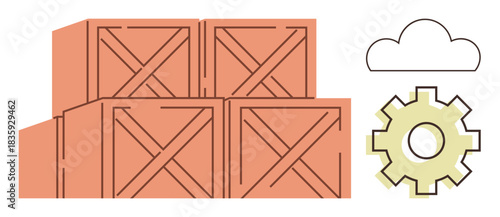 Wooden crates stacked together next to a cloud and gear icon. Ideal for logistics, cloud storage, inventory management, shipping, automation, organization, and warehouse efficiency. A simple flat