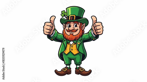 A cartoon leprechaun wearing a green hat and suit gives two thumbs up.
