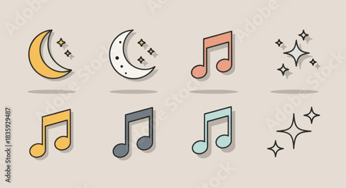 Collection of stylized musical notes and celestial moon icons with sparkling stars.