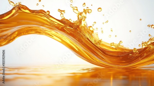 Dynamic golden liquid splash with droplets suspended in mid-air against a bright white background conveying motion and energy