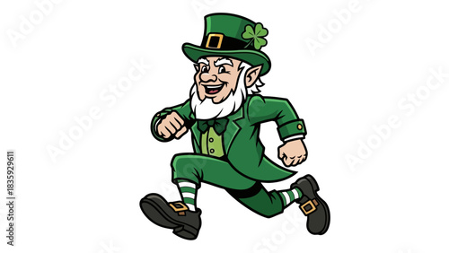 A cartoon leprechaun in a green suit and hat with a shamrock, running with a smile.