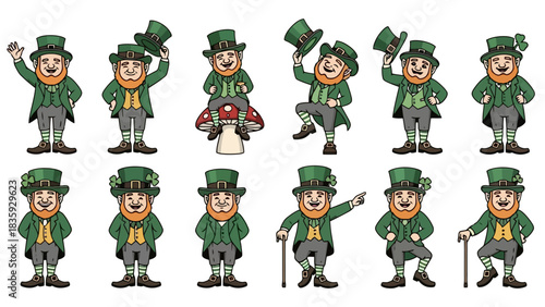 A collection of cartoon leprechauns in various poses, wearing green outfits and hats, celebrating.