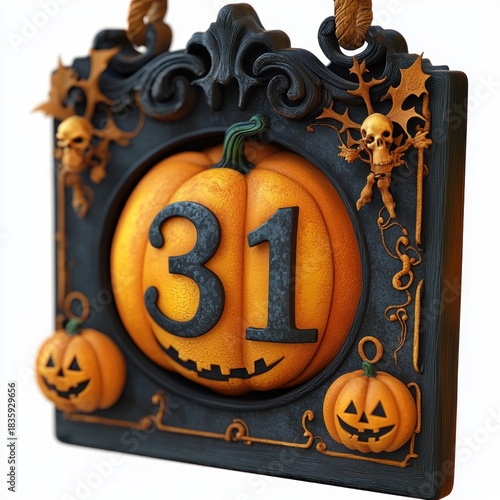Halloween-themed decorative plaque featuring a large pumpkin with the number 31, smaller jack-o'-lanterns, gold skeletons, and ornamental dark frame, evoking spooky festive atmosphere