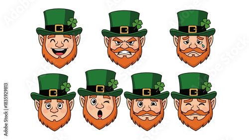 Set of cartoon leprechaun faces showing various emotions and expressions