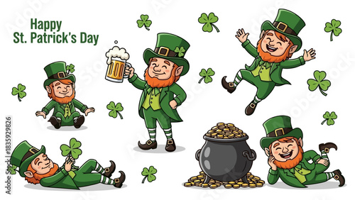 A cheerful collection of cartoon leprechauns celebrating St. Patrick's Day, featuring playful characters, lucky shamrocks, a beer mug, and a pot of gold