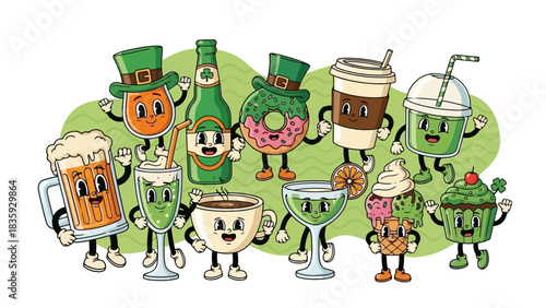 Collection of cartoon leprechauns celebrating Saint Patrick's Day with festive poses and attire