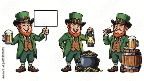 Three mischievous cartoon leprechaun characters celebrating Irish folklore with beer, a pot of gold, a lantern, and a blank sign for festive messages