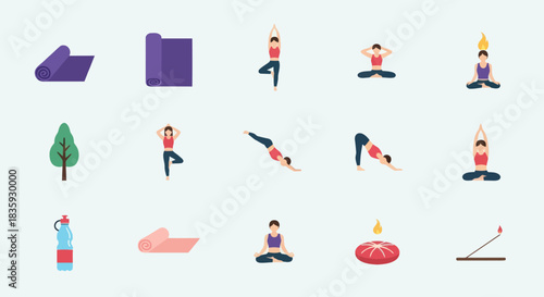 Collection of Yoga Poses and Accessories for Wellness and Fitness.