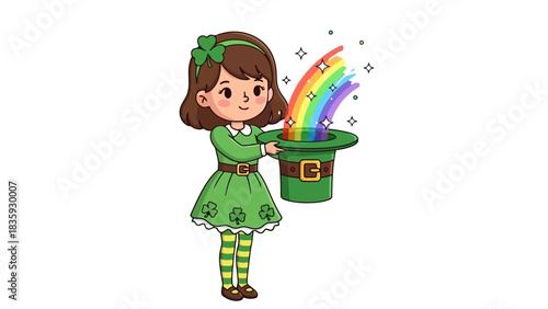 Cute cartoon girl celebrating St. Patrick's Day with a magical leprechaun hat and a vibrant rainbow emerging from it