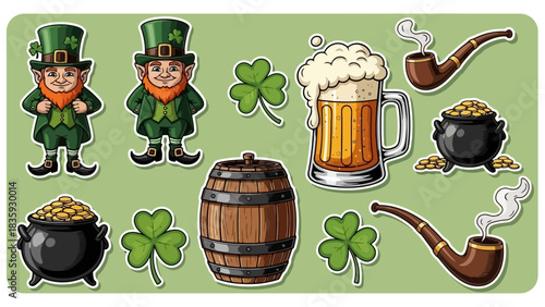 Vibrant collection of cheerful Irish folklore symbols and festive celebration elements, including lucky charms, mythical characters, and traditional holiday beverages