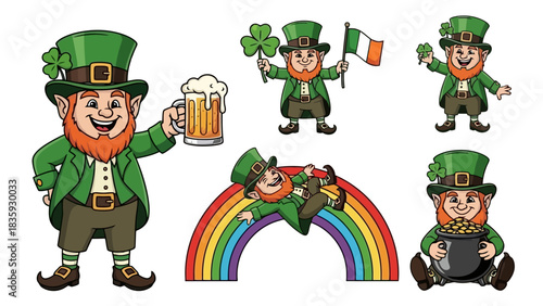 A vibrant collection of whimsical leprechaun characters embodying the joyful spirit of an Irish-themed celebration, complete with festive symbols and iconic imagery