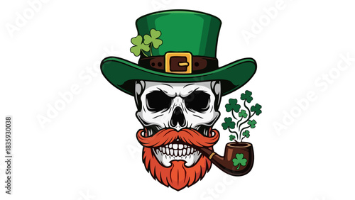 A detailed illustration of a skull wearing a green hat and smoking a pipe with shamrocks.