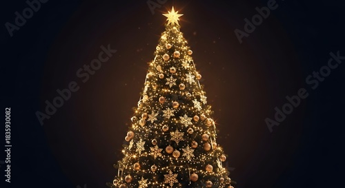 Illuminated christmas tree with star topper at night