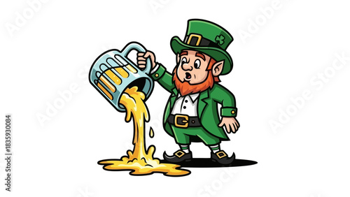 A cartoon leprechaun character in a green suit and hat pouring a frothy mug of beer, a funny illustration for St Patrick's Day