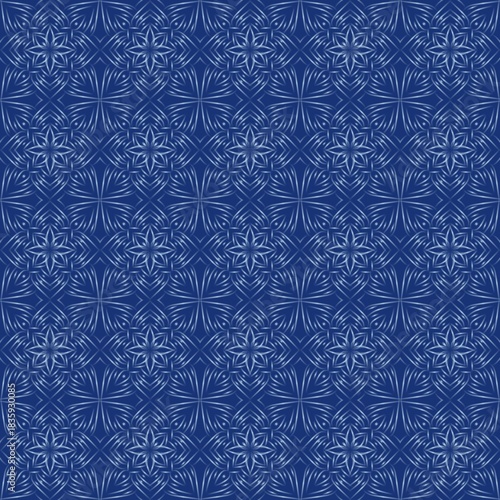 This image displays a seamless pattern in the traditional Japanese Sashiko style. The design features intricate, geometric shapes resembling interconnected flowers.