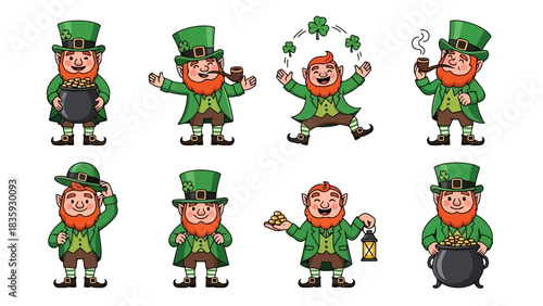 A festive collection of cartoon Irish leprechaun characters for St. Patrick's Day celebrations