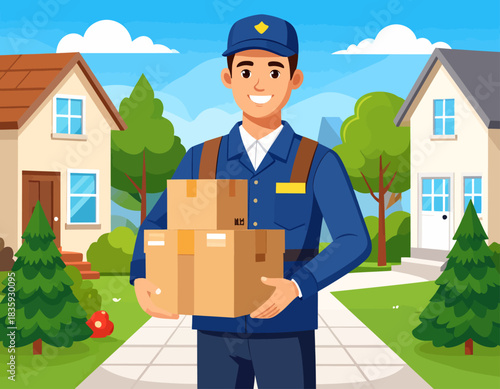 A delivery man in uniform smiles while carrying a stack of cardboard boxes in a residential neighborhood.