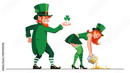 Humorous St. Patrick's Day illustration showing a mischievous leprechaun with a shamrock and a tipsy woman spilling her green beer during festivities