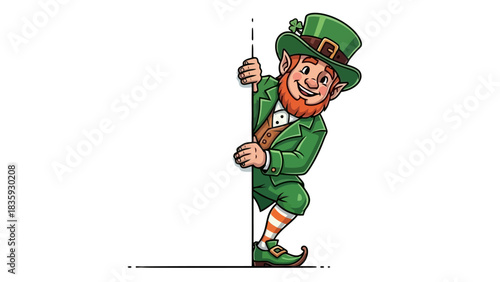 A cheerful cartoon leprechaun in a traditional green costume peeks around a corner with a smile, an illustration for a St. Patrick's Day greeting