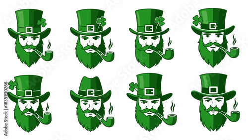 Irish Leprechauns with Green Hats, Beards, and Pipes Celebrating St patricks day