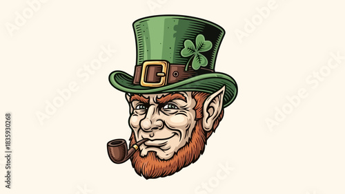Leprechaun Smoking Pipe Wearing Green Hat with Clover, Irish Folklore Character Illustration