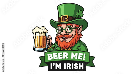 Cartoon leprechaun celebrating with a frothy beer mug, embodying the joyous spirit of an Irish festival or pub gathering